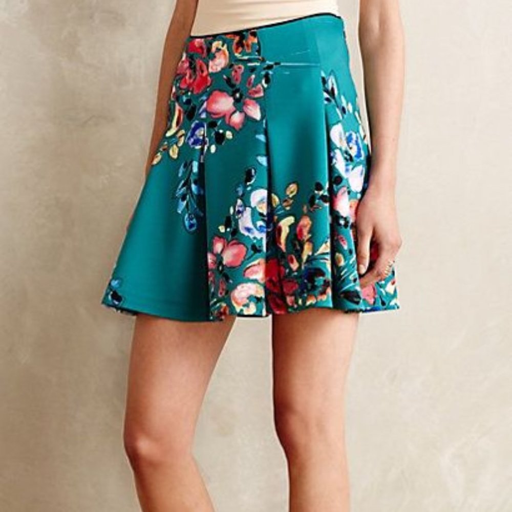 ANTHROPOLOGIE Bluebell Skirt Teal Floral Full Pleated in Botanical Motif NEW